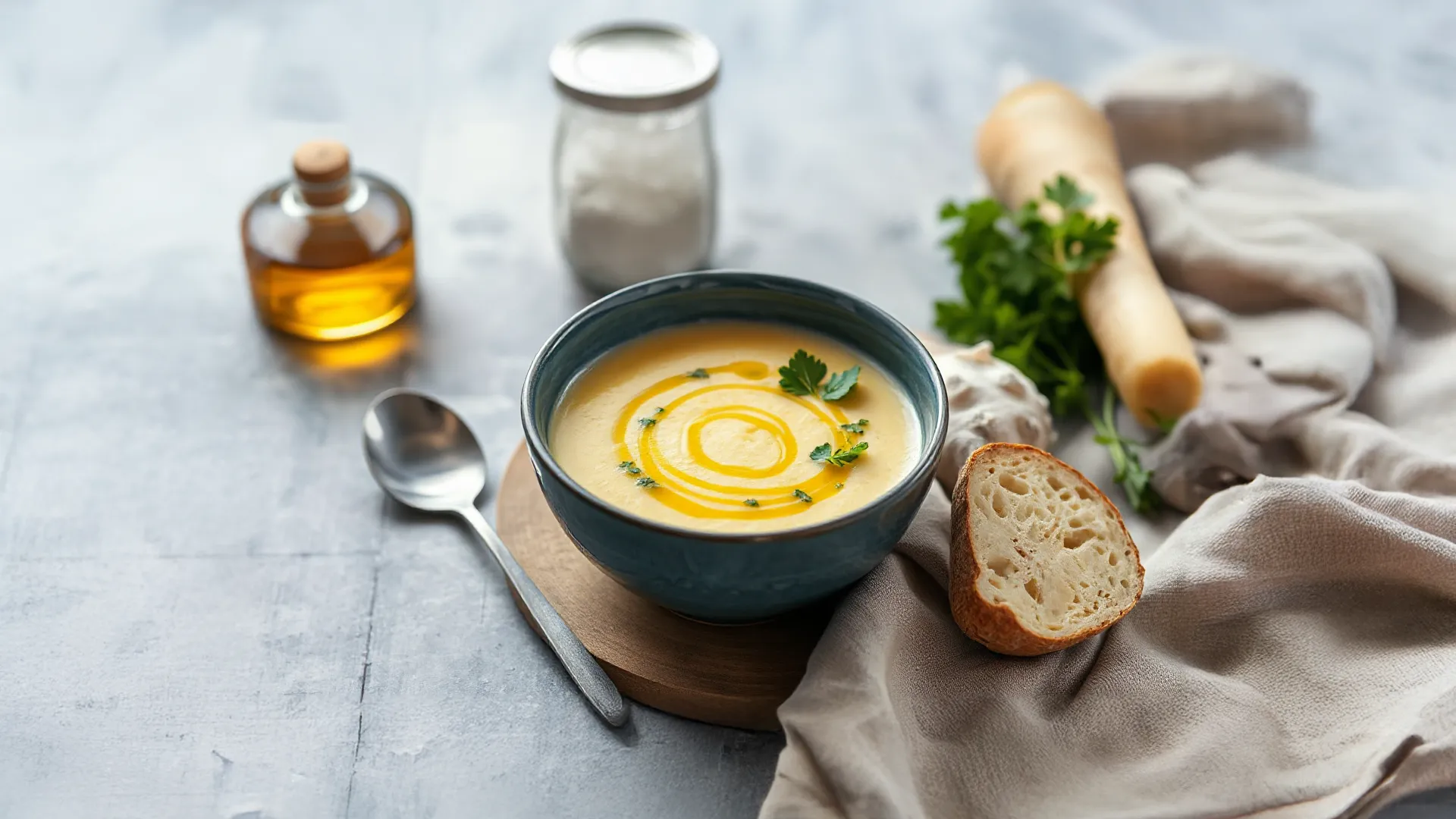 Cremige Pastinakensuppe mit Petersilienöl und knusprigen Chips