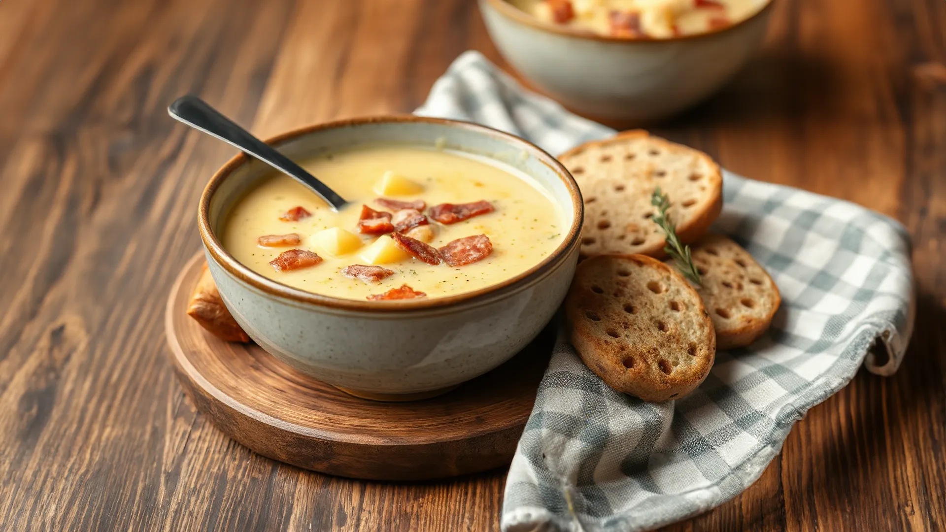 Deftige Kartoffelsuppe mit Würstchen und Speck