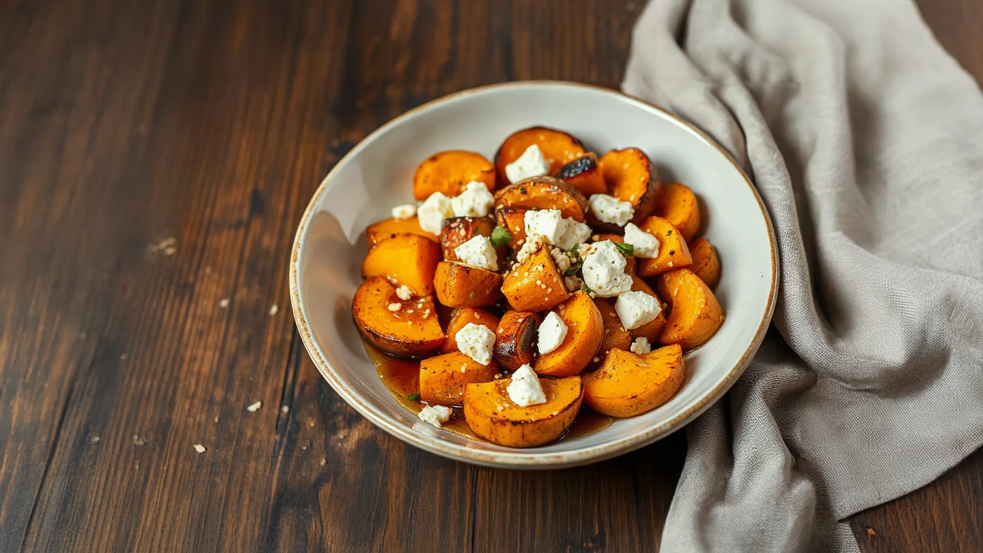 Gerösteter Butternutkürbis mit Honig, Sesam und Feta