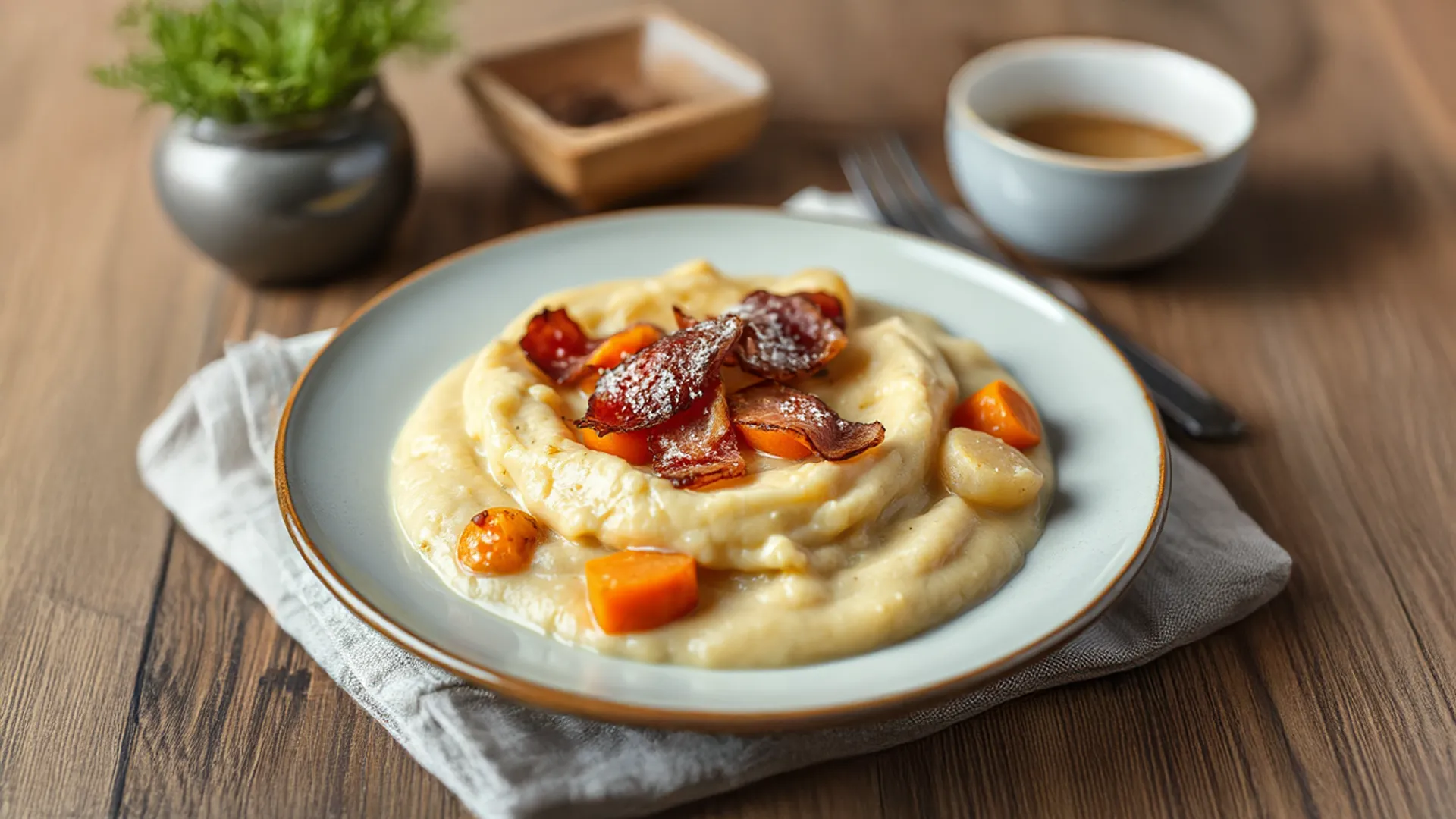 Herzhaftes Steckrübenmus mit Speck und Röstzwiebeln