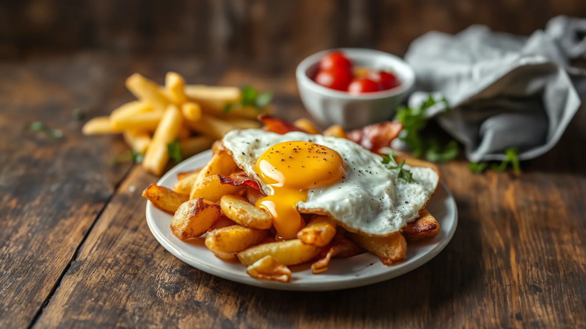 Knusprige Bratkartoffeln mit Spiegelei und Speck
