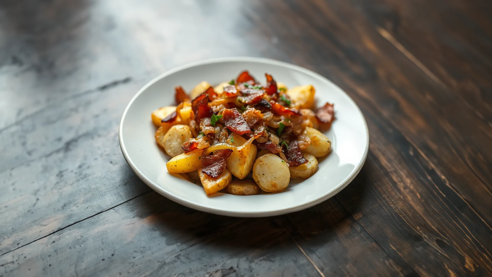 Krosse Bratkartoffeln mit Speck und Zwiebeln